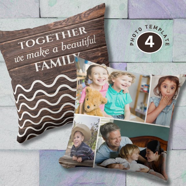 Custom 4 Photo Collage Family Quote Rustic Wood   Cushion (Creator Uploaded)