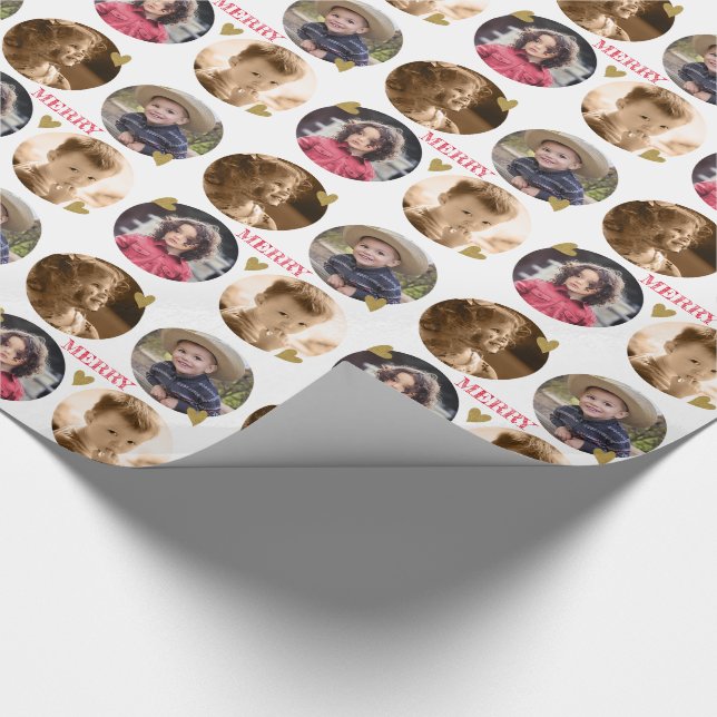 Custom 4 Photo Collage  Gold Heart Merry Christmas Wrapping Paper (Corner)