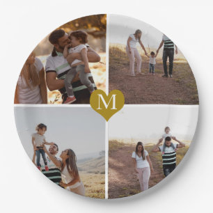 Custom 4 Photo Collage Gold Heart Monogrammed Paper Plate