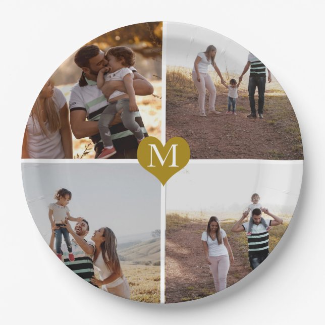Custom 4 Photo Collage Gold Heart Monogrammed Paper Plate (Front)