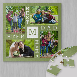Custom 4 Photo Collage Green Best Stepdad Ever Jigsaw Puzzle