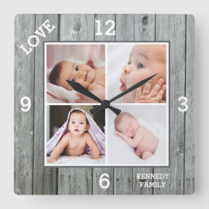 Custom 4 Photo Collage Grey Wood Family Love Square Wall Clock
