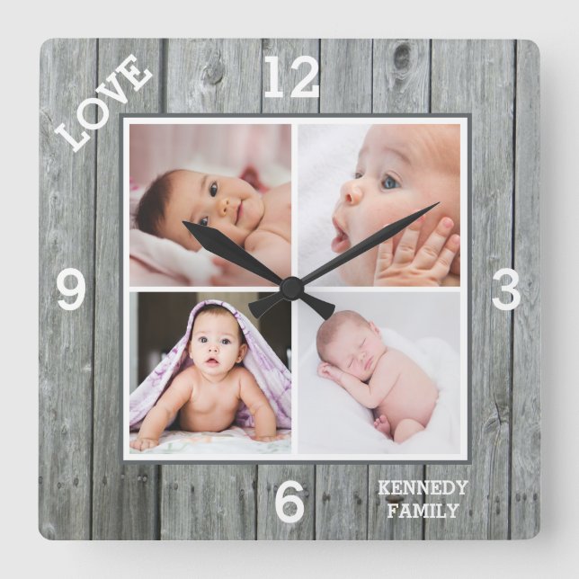 Custom 4 Photo Collage Grey Wood Family Love Square Wall Clock (Front)