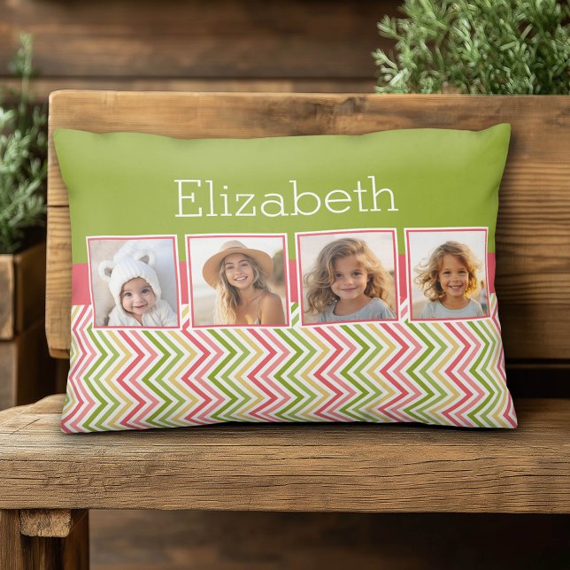 Custom 4 Photo Collage Lime and Coral Chevrons Decorative Cushion (Custom Pillow)