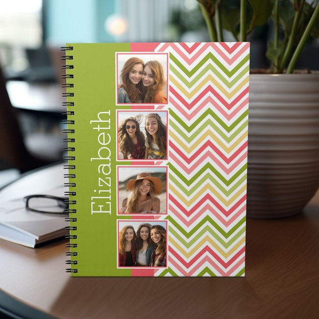 Custom 4 Photo Collage Lime and Coral Chevrons Notebook (Personalized notebook - add photos and your name or other text)