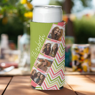 Custom 4 Photo Collage Lime and Coral Chevrons Seltzer Can Cooler