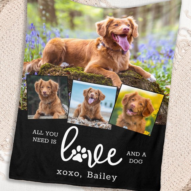 Custom 4 Photo Collage LOVE and a DOG  Fleece Blanket (Creator Uploaded)