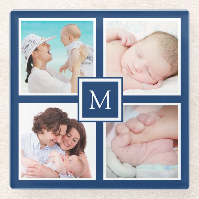 Custom 4 Photo Collage Monogram Blue Glass Coaster (Front)