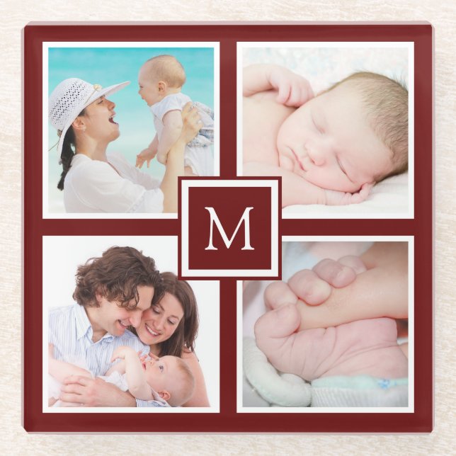 Custom 4 Photo Collage Monogram Burgundy Glass Coaster (Front)