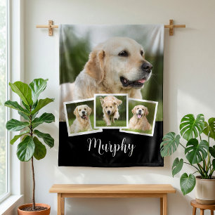 Custom 4-Photo Collage Pet Name Black White Fleece Blanket