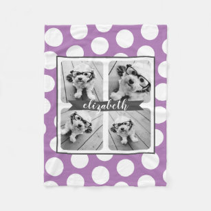 Custom 4 Photo Collage Purple Polka Dot Grey Name Fleece Blanket
