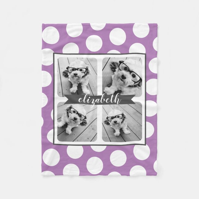 Custom 4 Photo Collage Purple Polka Dot Grey Name Fleece Blanket (Front)