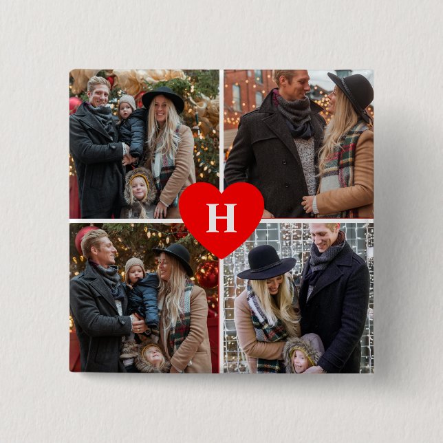 Custom 4 Photo Collage Red Heart Monogram Button (Front)