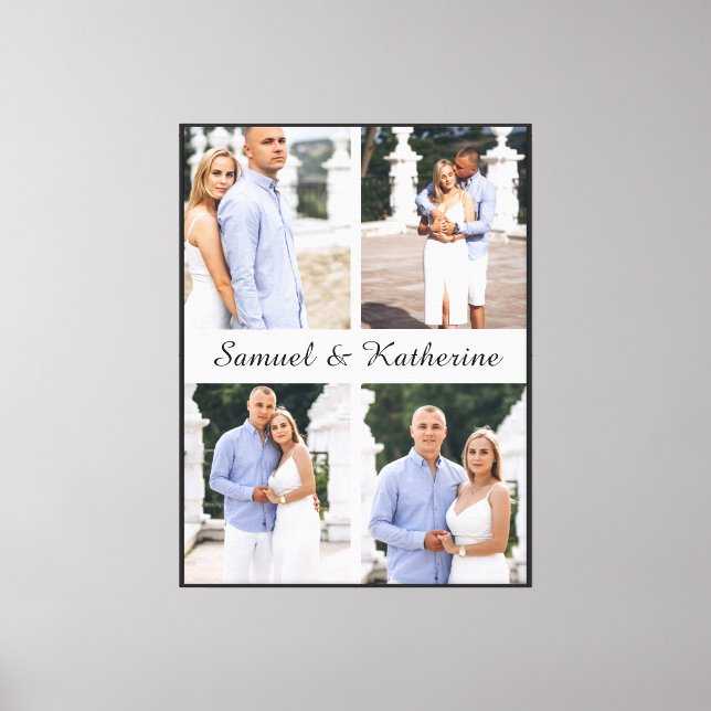 Custom 4 Photo Collage Script Names Stretched Canvas Print (Front)