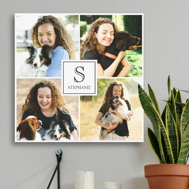Custom 4 Photo Collage with Monogram and Name Canvas Print (Creator Uploaded)