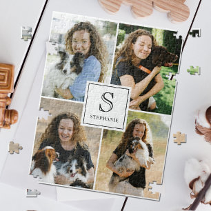 Custom 4 Photo Collage with Monogram and Name Jigsaw Puzzle