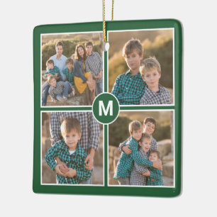 Custom 4 Photo Collage with Monogram on Green Ceramic Ornament
