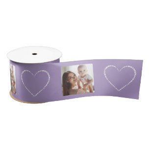 Custom 4-Photo Cute White Decorative Hearts, Lilac Satin Ribbon