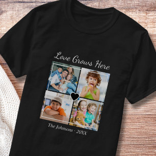 Custom 4 Photo Family Name Love Grows Here Quote T-Shirt