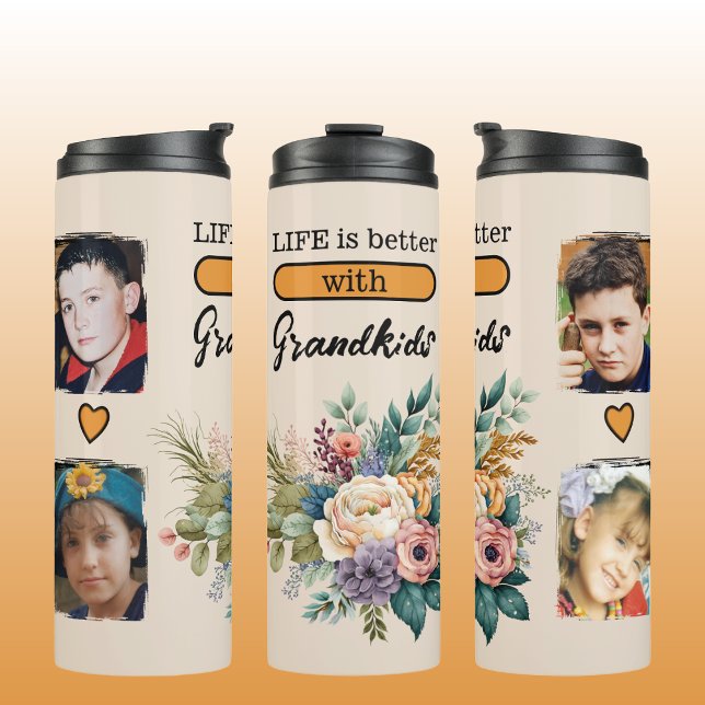 Custom 4 photo grandkids floral orange thermal tumbler (Creator Uploaded)