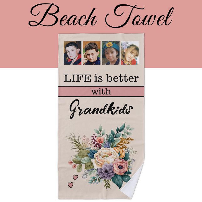 Custom 4 photo grandkids floral pink beach towel (Creator Uploaded)