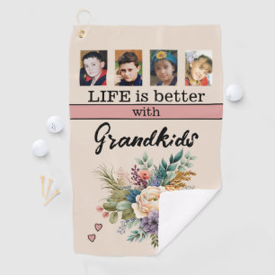 Custom 4 photo grandkids floral pink golf towel