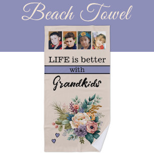 Custom 4 photo grandkids floral purple beach towel