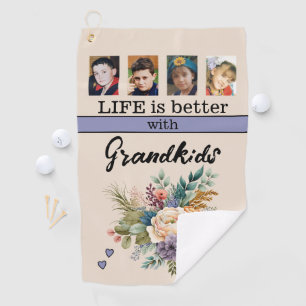 Custom 4 photo grandkids floral purple golf towel