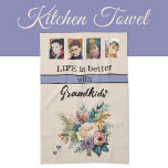 Custom 4 photo grandkids floral purple tea towel<br><div class="desc">Brighten up your kitchen with this charming floral towel from Zazzle! Featuring four photo slots to showcase your favourite grandkid moments, it’s a heartwarming addition to any home. The cheerful design is accented by the phrase "Life is better with Grandkids" in elegant black text. Perfect for drying dishes or adding...</div>