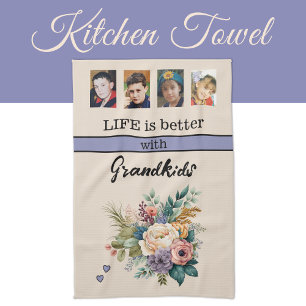 Custom 4 photo grandkids floral purple tea towel