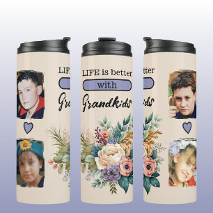 Custom 4 photo grandkids floral purple thermal tumbler