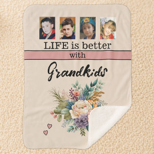 Custom 4 photo grandkids flowers pink sherpa blanket