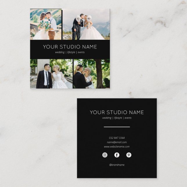 Custom 4 Photo Minimalist Photographer Black Square Business Card (Front/Back)