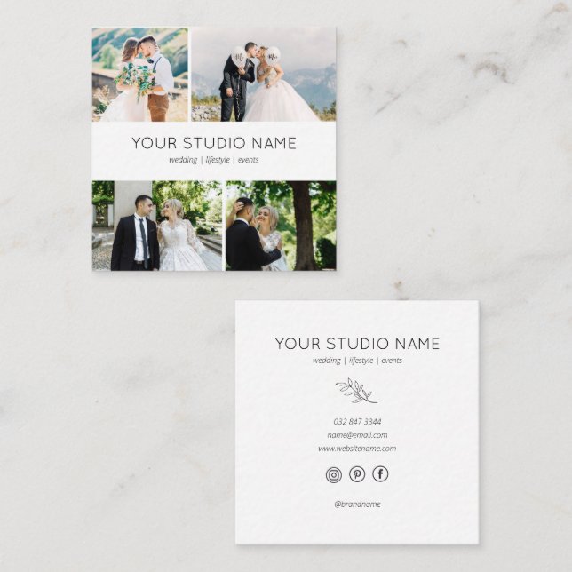 Custom 4 Photo Minimalist Photographer Square Business Card (Front/Back)