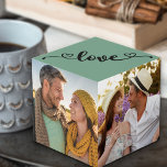 Custom 4 Photo Mint Sage Love with Hearts Cube<br><div class="desc">Create your own unique photo cube. The photo template is set up ready for you to add your own pictures. which will automatically fill 4 of the cube faces. The hand lettered text overlay simply reads "love" in beautiful calligraphy with love hearts at each end on a dusty mint sage...</div>