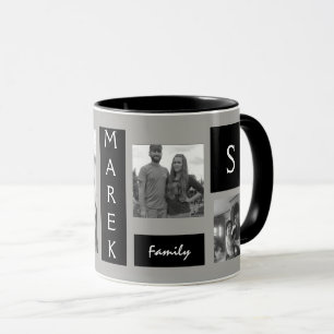 Custom 4 Photo Monogrammed Black Grey Men's Mug