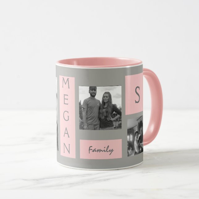 Custom 4 Photo Template Blush Pink Monogram Coffee Mug (Front Right)