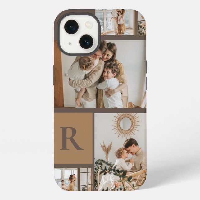 Custom 4 Photos Brown Monogram iPhone Case (Back)