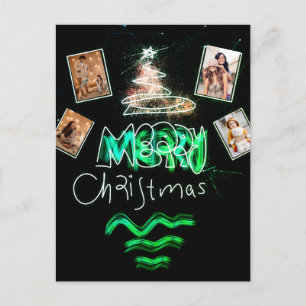 Custom 4 Photos Emerald Green Glitter Tree Postcard