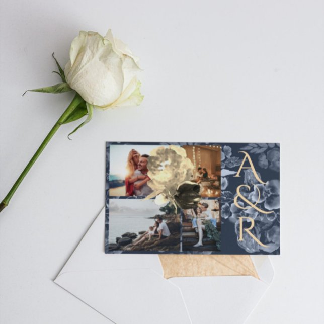 Custom 4 Photos Navy Blue Golden Floral Wedding Invitation (Creator Uploaded)