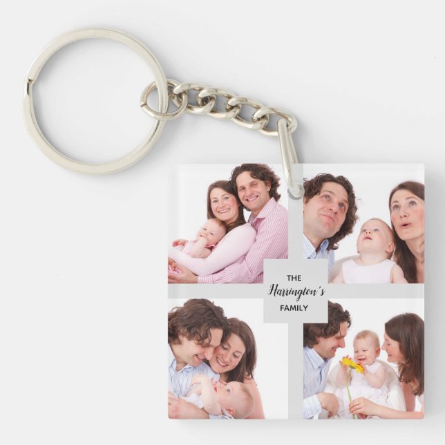 Custom 4 Section Family Photo Collage Square Frame Key Ring (Front)
