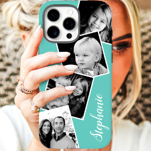 Custom 4 Square Photo Collage Teal Custom Name iPhone 16 Pro Max Case