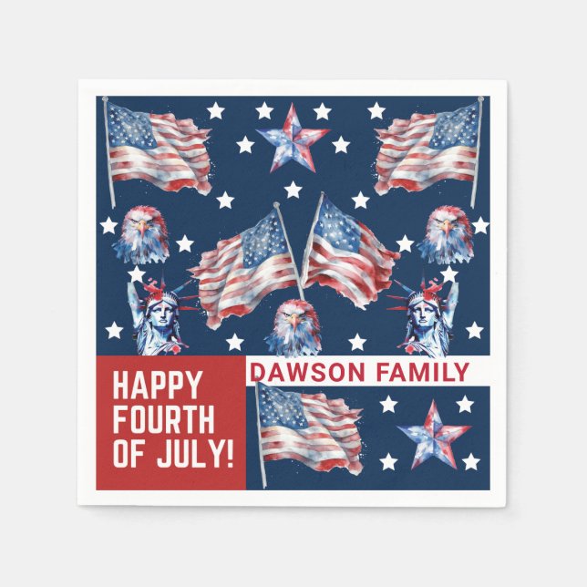 Custom 4th of July Watercolor Family Name Napkin (Front)