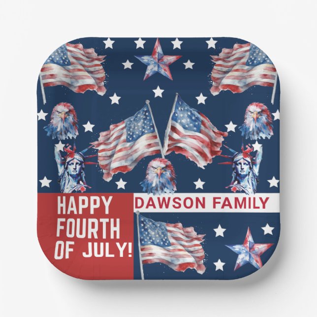 Custom 4th of July Watercolor  Paper Plate (Front)
