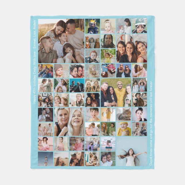 Custom 50 Picture Photo Collage Memory Baby Blue Fleece Blanket (Front)