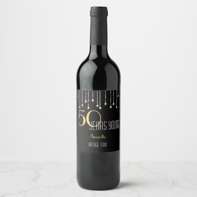 Custom 50 Years Young Black Gold Lights Elegant Wine Label (Front)
