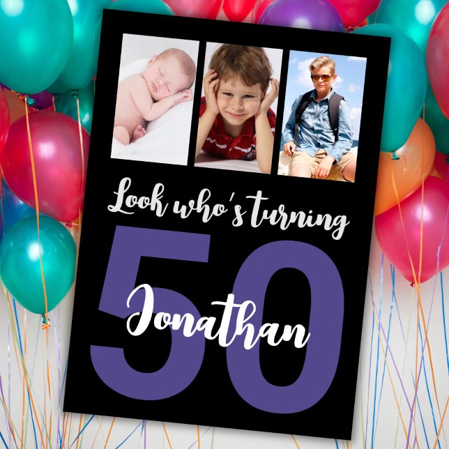 Custom 50th Birthday Black Modern Photo Collage Invitation (Creator Uploaded)