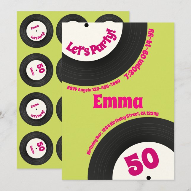 Custom 50th Birthday Colourful Retro Fun Record Invitation (Front/Back)