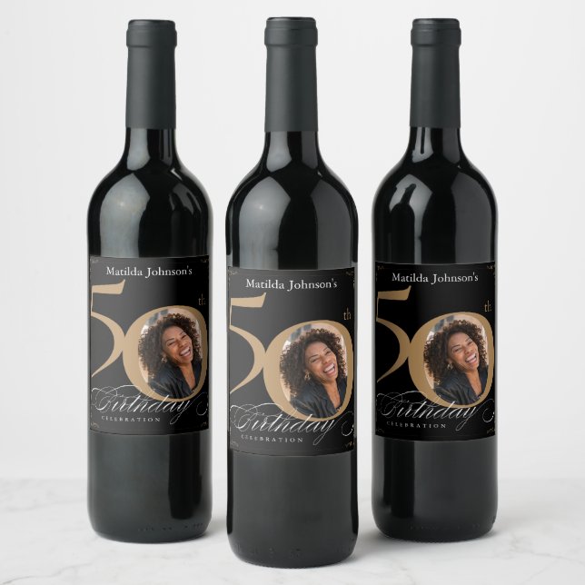 Custom 50th Birthday Elegant Gold Black Photo Wine Label (Bottles)