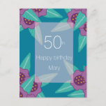 custom 50th birthday floral blue name modern  holiday postcard<br><div class="desc">Custom 50 th birthday blue floral card for women who loves flowers, garden. Personalise with text, name, firstname. Modern floral feminine elegant chic turquoise birthday card. Send the card to mothers, wifes, , colleague, friends, sisters, relatives, who is 50 years old. 50 if the new 40 for women. Add name,...</div>